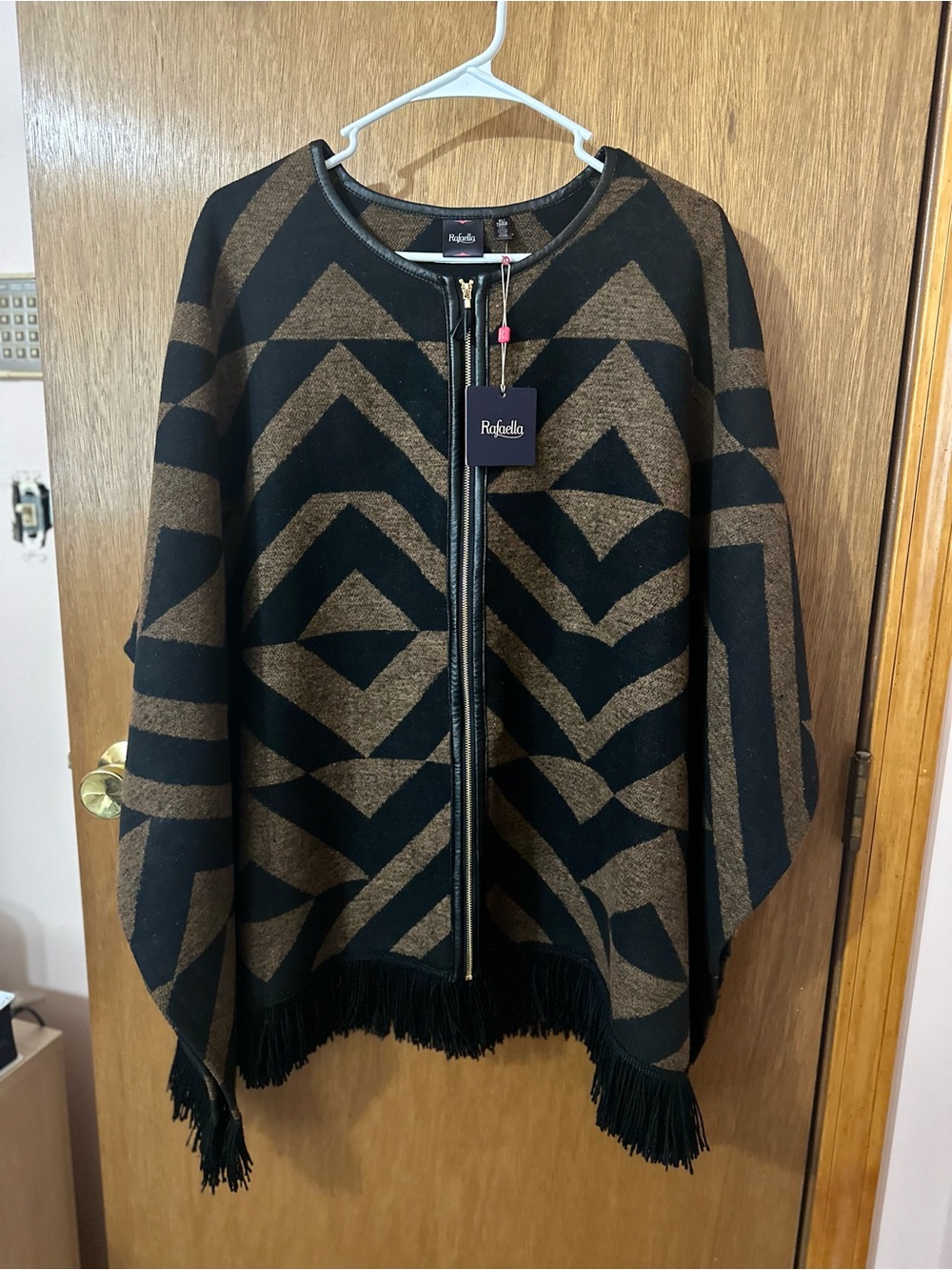 Rafaella Black and Bronze Geometric Zip-Front Poncho with Tassels